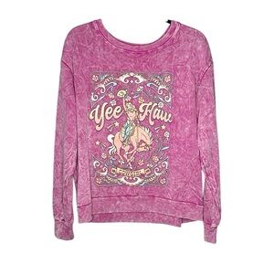 Cowgirl Yee Haw Pink mineral washed Graphic Print Sweatshirt size Medium